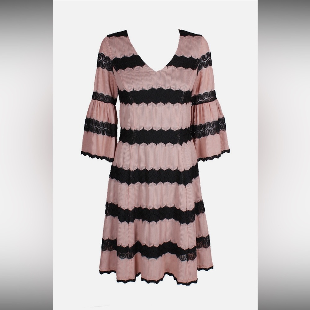 Taylor Apricot Black Lace-Stripe Bell-Sleeve A-Line Dress 10